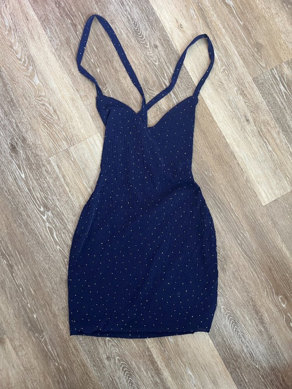 Navy Blue Sparkle Gem Bedazzled Backless Strappy Mini Dress NWT